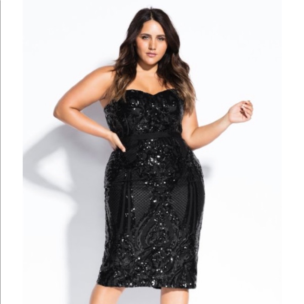 New Plus Size Black Sequined Strapless Dress 22w